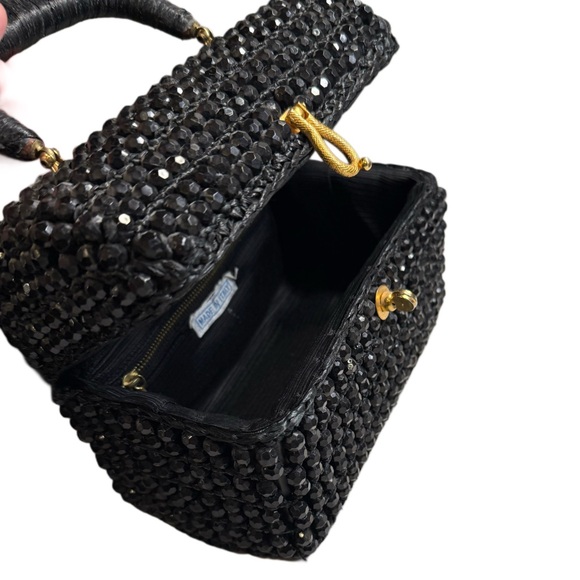 VINTAGE ANTIQUE black beaded box Style purse Elegant Black Beaded Handbag - Picture 3 of 12